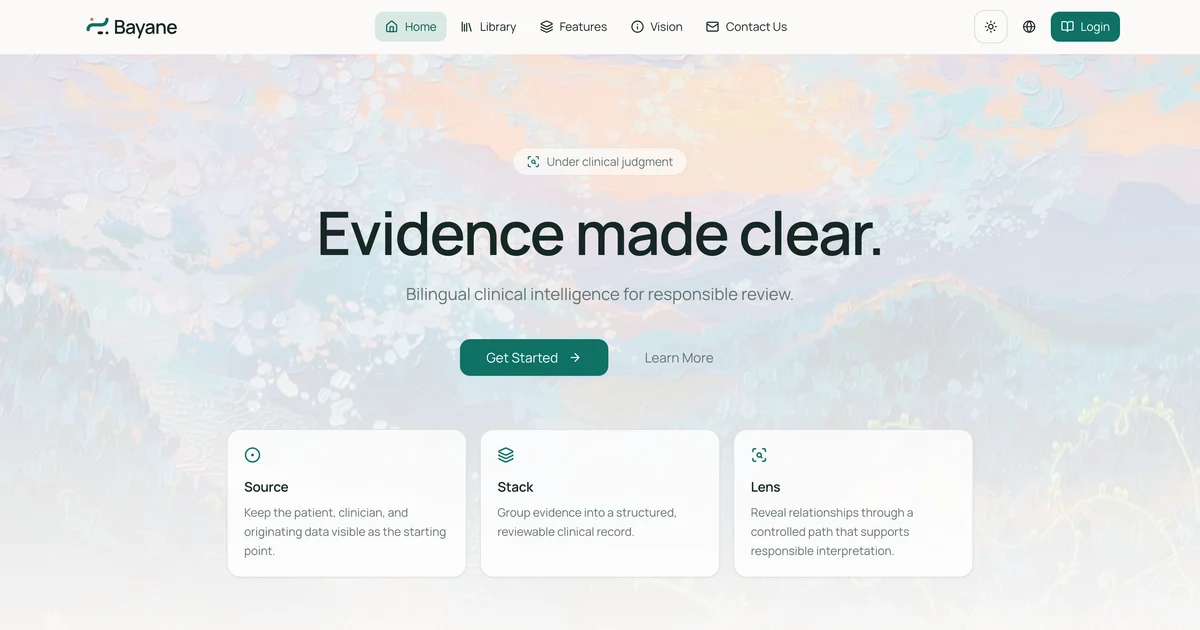 Screenshot of the Bayane interface, a bilingual clinical documentation workspace.